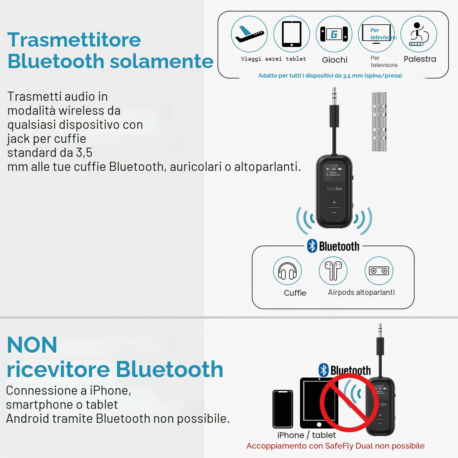 Trasmettitore Bluetooth 5.3 per Airpods/cuffie, adattatore aptX Low Latency/Adaptive, 25 ore di riproduzione, splitter audio AUX 3,5 mm