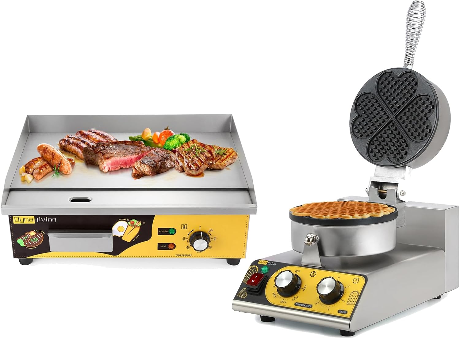 Dyna-Living Commercial Electric Griddle 22'' Stainless Steel Countertop Griddle & Non-stick Waffle Maker Machine Electric Hotel Waffle Maker, 4 Heart