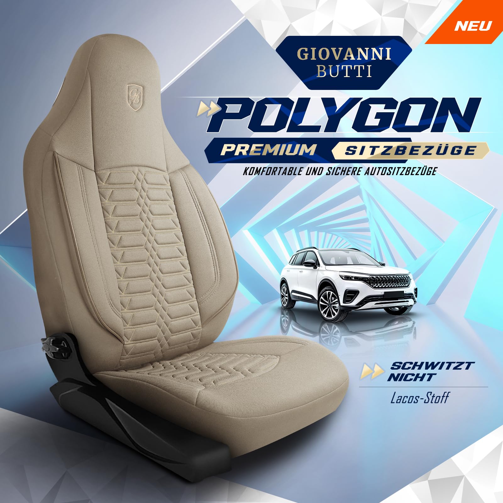 Autositzbezüge Universal für PKW & SUV – Premium Vordersitze Auto Sitzbezug aus Lacoste-Stoff, Beige, Airbag-Kompatibel Sitzauflage, Autoschonbezug, Vordersitz-Set inkl. Montageset