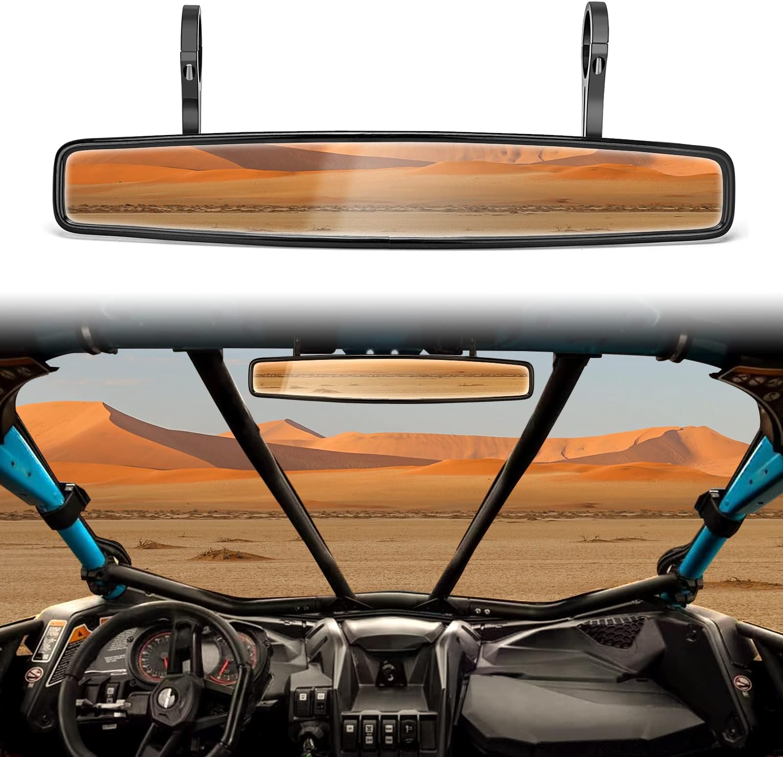 WeiSen 15" Wide Center Rear View Shatter Proof Mirror with 1.875"/ 2" Adjustable Clamps for Horizon Round Roll Cage Mount Compatible with 2017-2023 Can-Am Maverick X3 Trail Sport