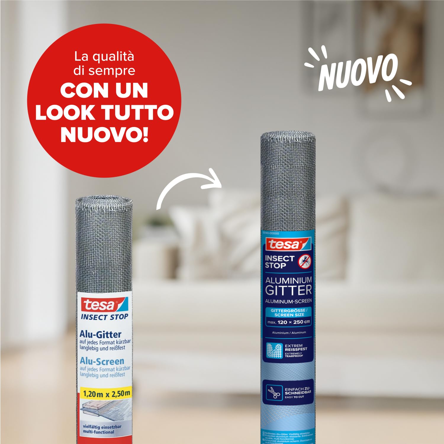 tesa Insect Stop Rotolo di Ricarica per Zanzariera in Alluminio - Rete per zanzariere regolabile - Resistente ai raggi UV - Grigio - 120 cm x 250 cm