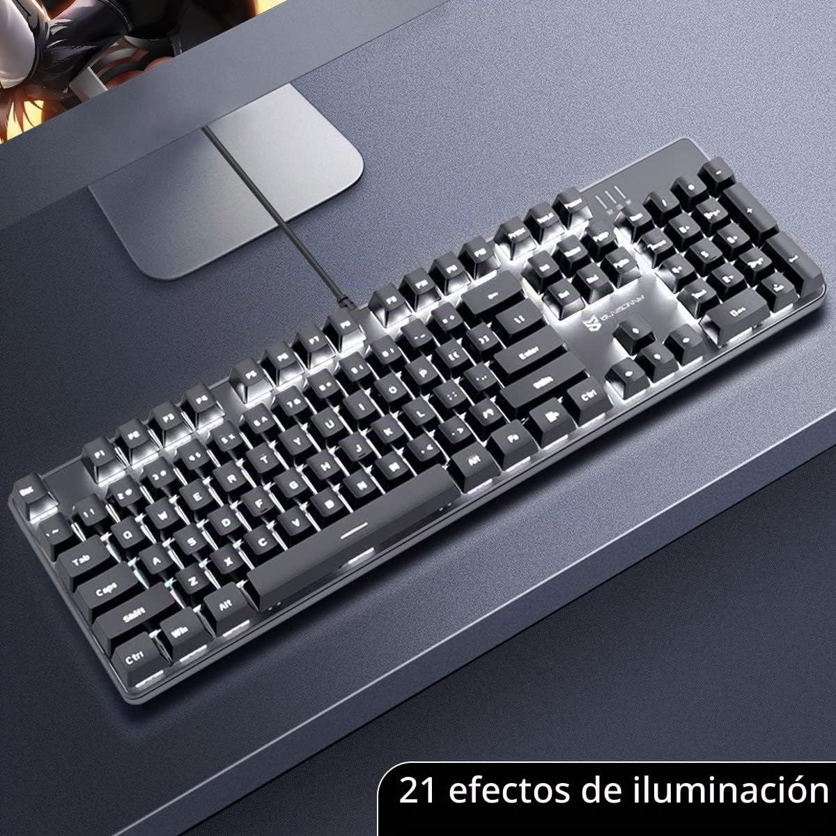 Qisan Teclado mecánico para juegos, retroiluminación LED, negro, 104 teclas, diseño americano, interruptor azul extraíble, USB-A