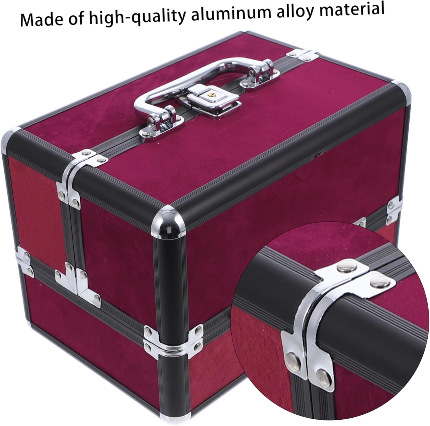 1pc Multi Purpose Makeup Case Lightweight Aluminum Cosmetic Storage Box for Travel Organizer for Makeup Tools for Business Trips Events Burgundy with Black Trim