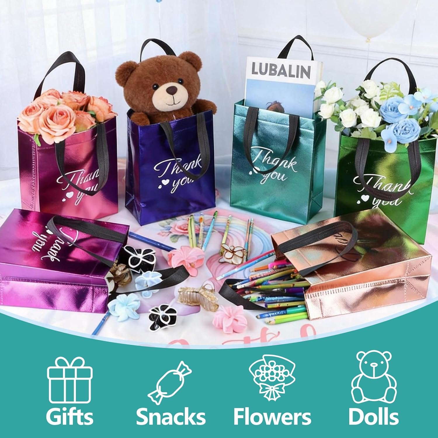 60 Pcs Reusable Gift Bags with Handles Set (10 x 8 x 4 Inch), Include 30 Thank You Bag & Tissue Paper, Medium Colorful Gift Bag Bulk for Birthday, Baby Shower, Bridal Shower, Wedding, Party & Events - Image 3