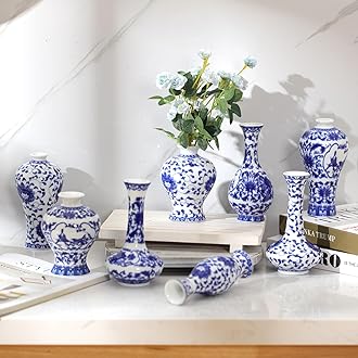 Dandat 8 Pieces Porcelain Vases Blue and White Ceramic Vase Mini Chinoiserie Vase Vintage Flower Vase for Home Living Room Bookshelf Decor (Rustic)