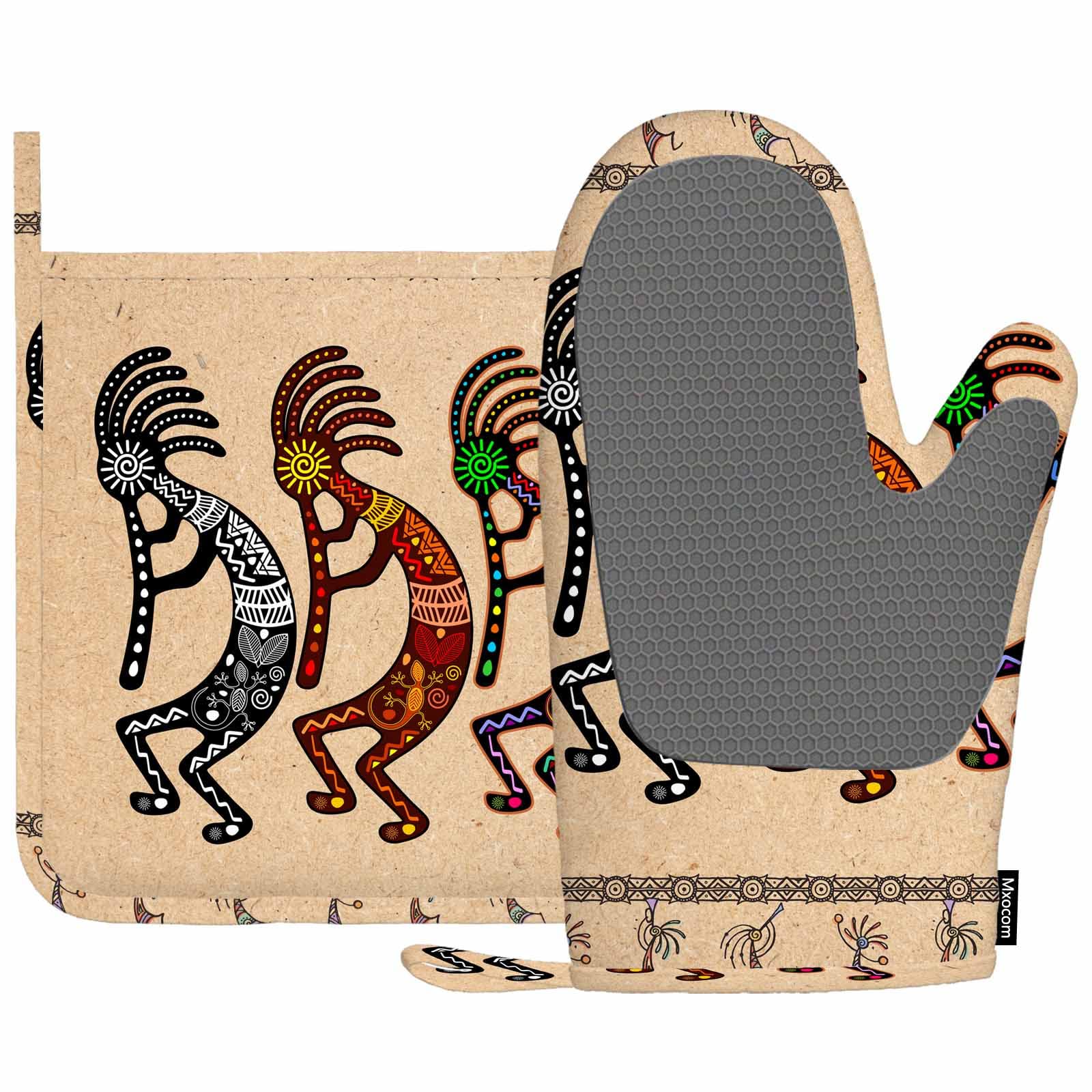 Mxocom Kokopelli Oven Mitt and Pot Holder with Silicone Stylized Mythical Characters Playing Flutes Heat Resistant Kitchen for Cooking BBQ Baking Grilling Spring/Summer
