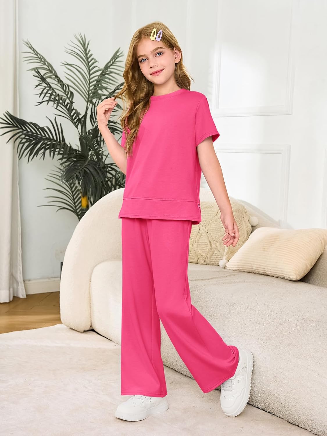 Haloumoning Girls 2 Piece Outfits Kids Fashion Short Sleeve T Shirts Wide Leg Pants Clothing Sets 5-14 Years Rose Red 9-10 Years image 3 of 5 B0F5B76QM5