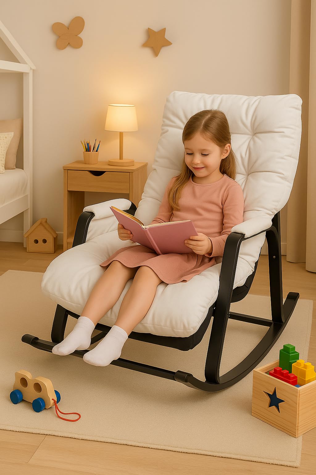 Chaise à bascule pour enfants 3 ans+ avec accoudoirs et poche latérale, structure en acier, repose-pieds réglable à 5 hauteurs, portée 250 kg, salon chambre à coucher blanc