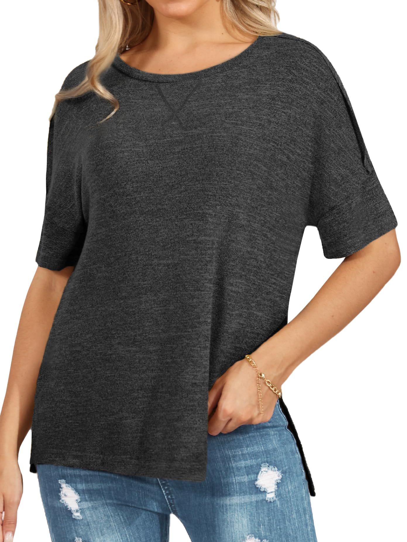Women's Short Sleeve Crew Neck T Shirts Side Split Loose Fit Tshirts Casual Summer Tops Blouses Tees 2024 Trendy