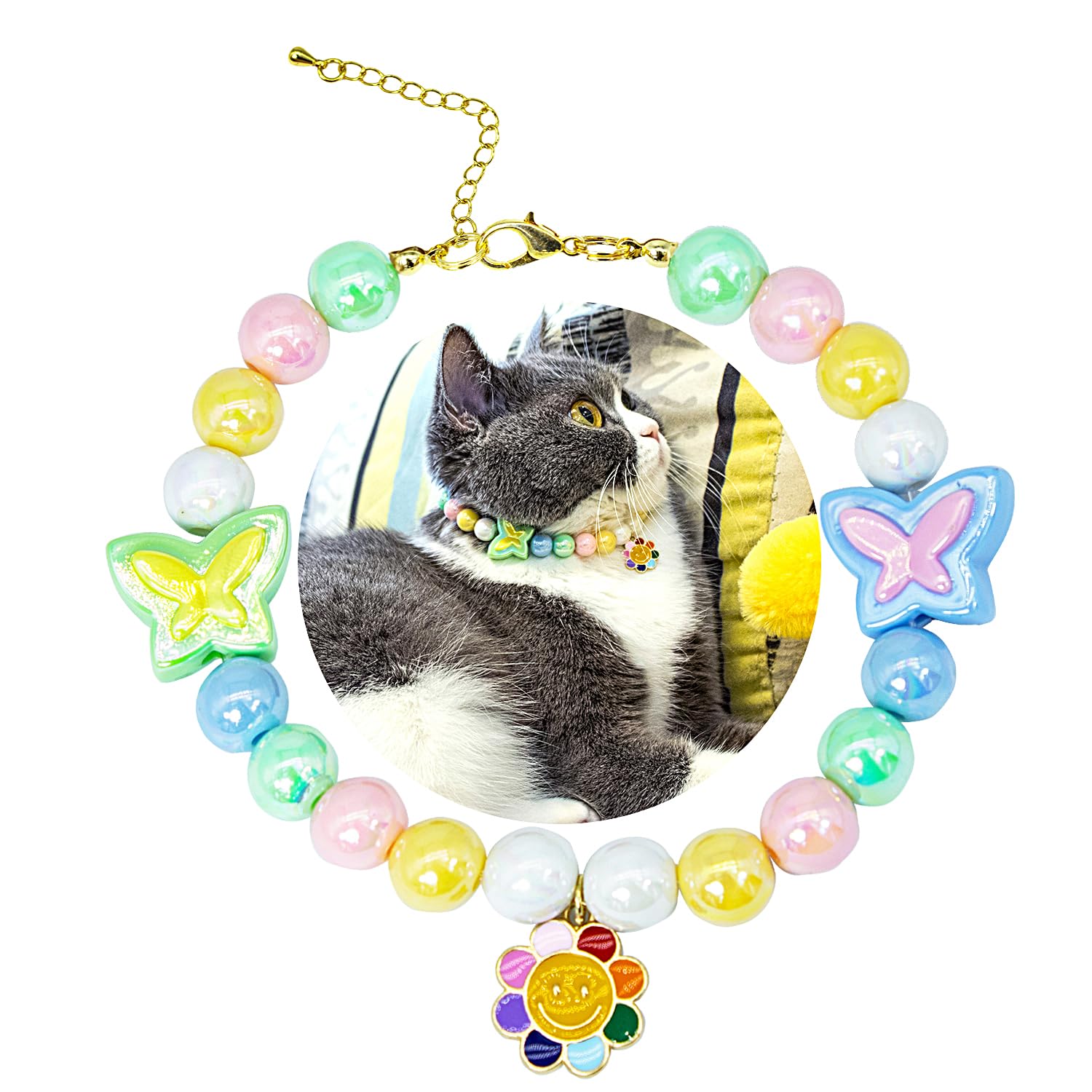 SM4BED Dog Cat Collar Pearl Necklace, Colorful Glossy Beads and Adorable Butterfly Smile Flower Pendant, Adjustable Small Pet Jewelry for Chihuahua Yorkie, S 8.6IN