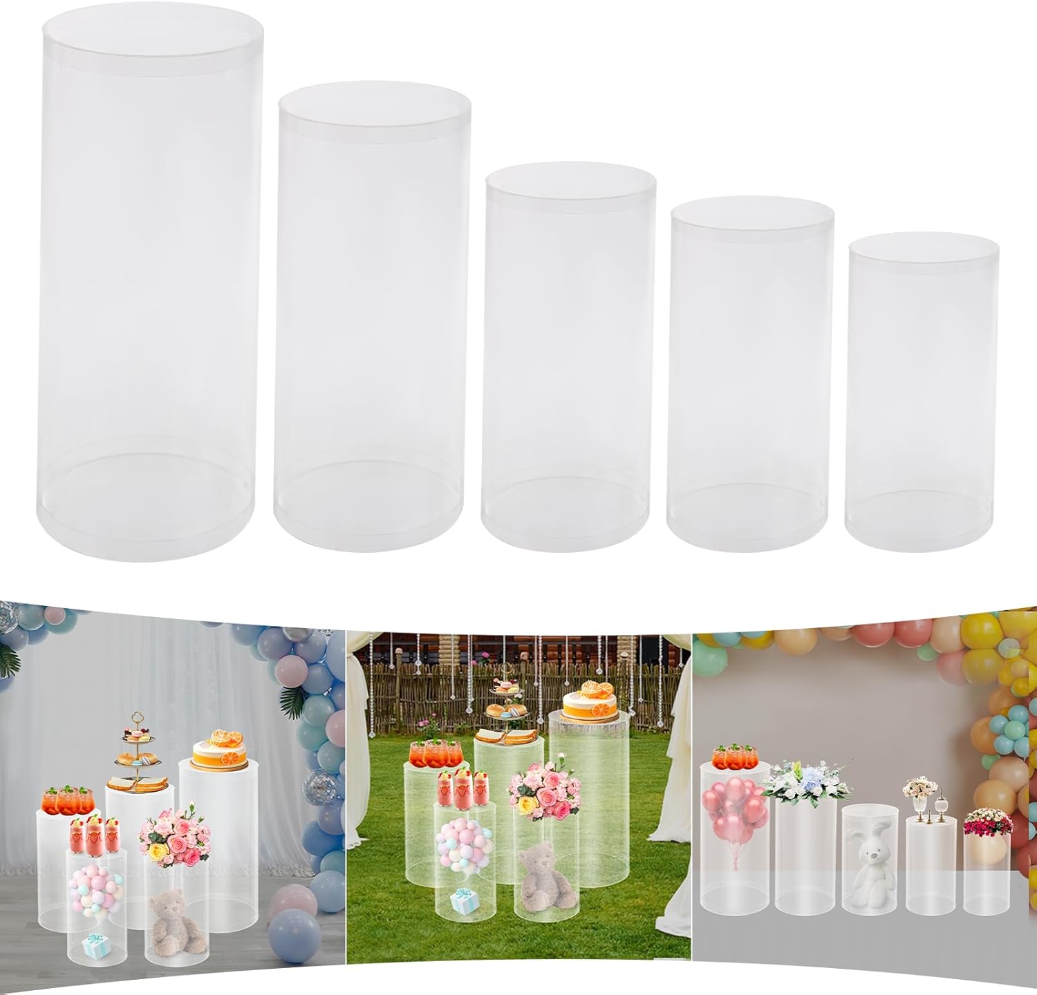 White Cylinder Stands, PVC Round Party Pedestal Stands Set, 3 Pac 5 Pcs Reusable Dessert Display Tables, Flower Plant Display Plinth Pillars for Wedding Birthday Event Decor (5 PCS)