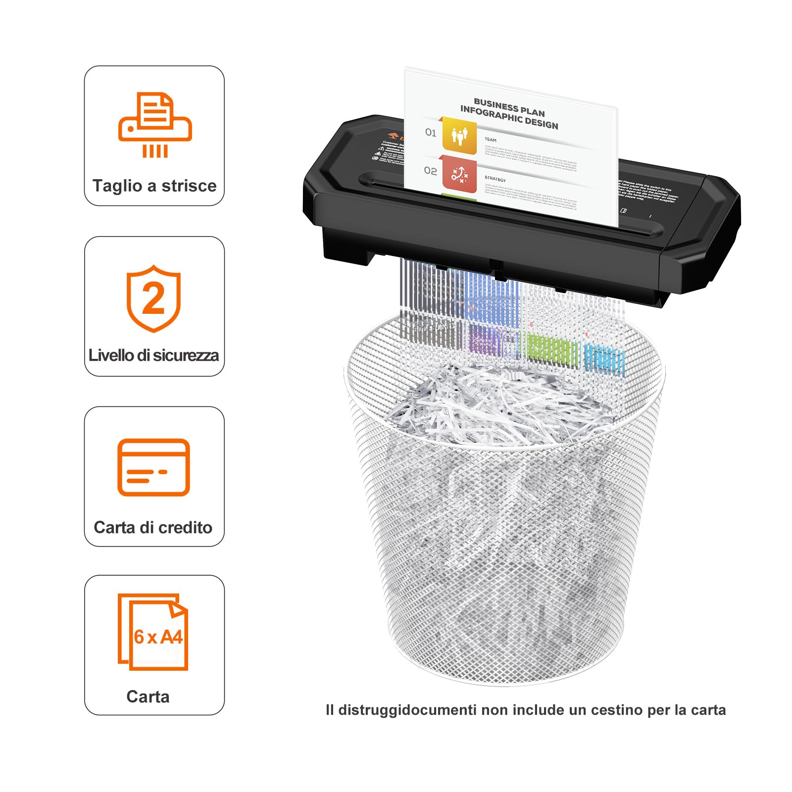 Bonsaii Tritadocumenti da 6 fogli, compatto per ufficio domestico; tritura carte di credito a strisce, P-2, design portatile con manico estendibile, S125-A