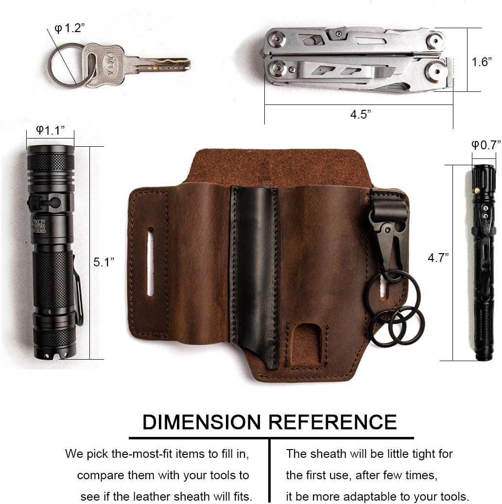 Gentlestache Multitool Sheath for Belt, Leatherman Sheath for Men, Leather EDC Pocket Organizer with Pen Holder, Key Fob, Flashlight Sheath, EDC Leather Pouch Darkbrownn