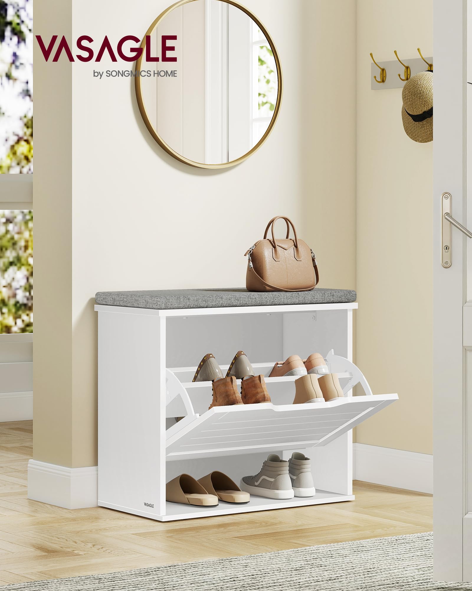VASAGLE Banc à Chaussures Rembourré, Meuble d’Entrée sur 3 Niveaux pour 6 Paires de Chaussures, Tiroir Rabattable, 30 x 60 x 53,5 cm, pour Entrée, Chambre, Blanc Nuage et Gris Tourterelle LSB121WB01