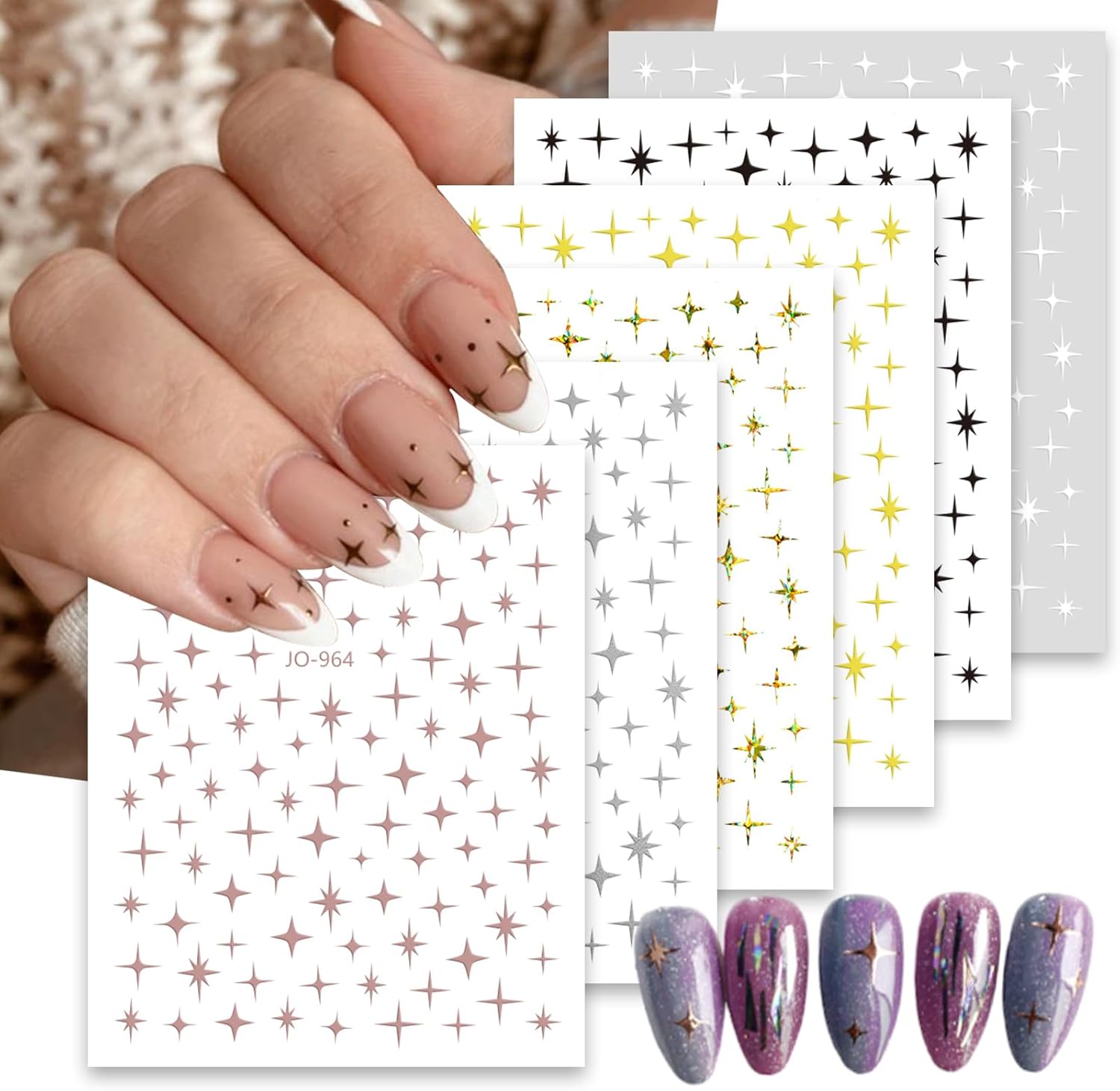 6 Sheets Silver Star Nail Art Stickers Decals 3D Stars Self
