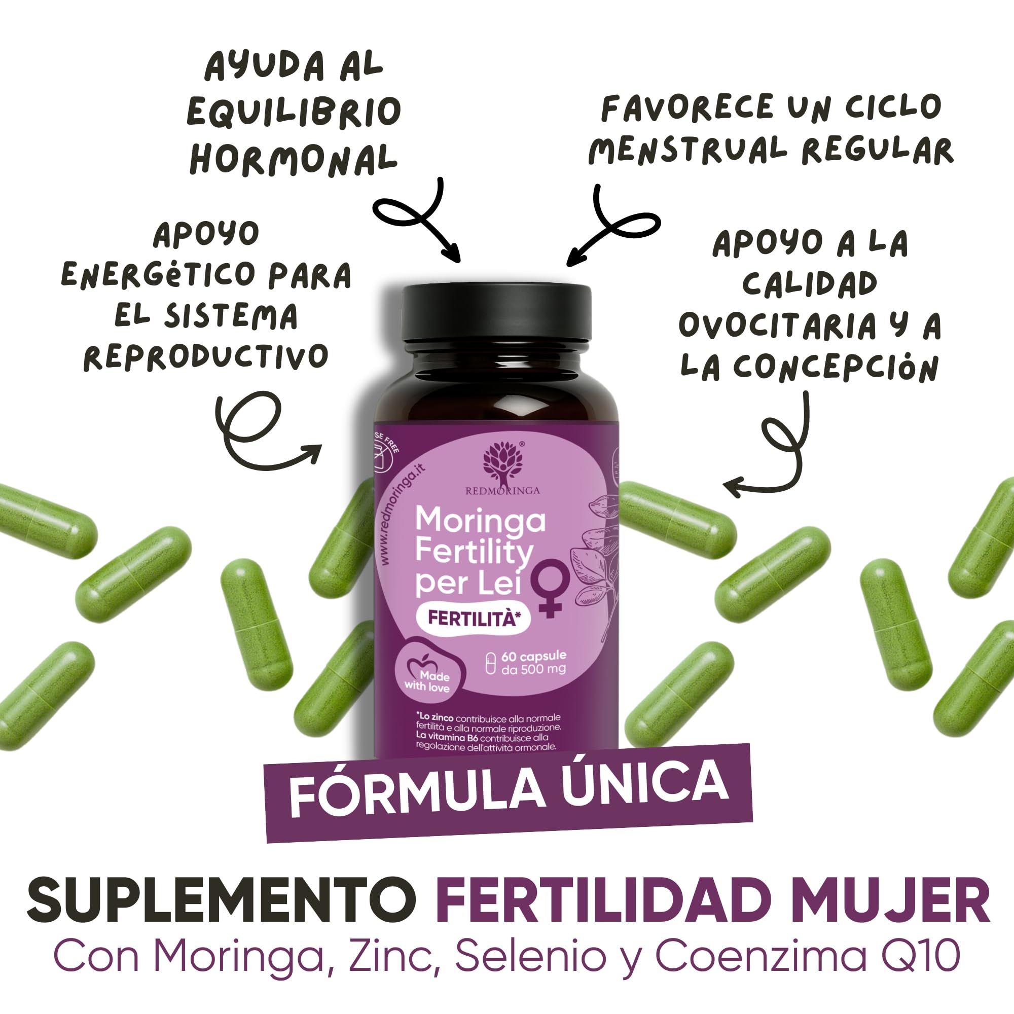 Suplemento Fertilidad Mujer – Moringa, Zinc, Vitaminas B6 y B12, Ácido Fólico | Preconcepción, Apoyo Hormonal y Reproducción Saludable | 180 Cápsulas – RedMoringa