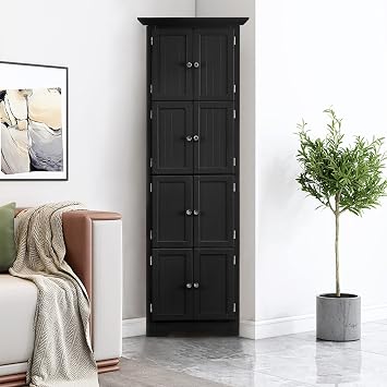 72" Tall Corner Cabinet, Corner Storage Cabinet with Doors and 4 Shelves, Modern Freestanding Corner Bathroom Cabinet Organizer for Bathroom Living Room Kitchen Dining Room Office Black