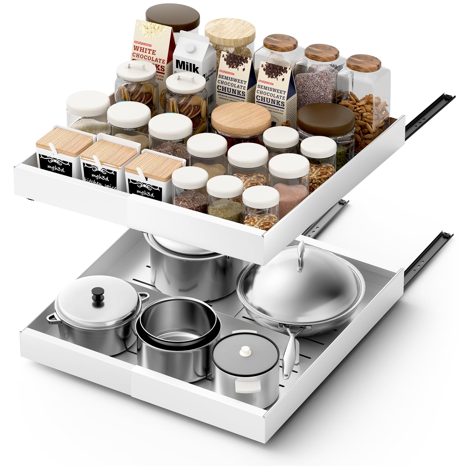 YJHome Cassetto da cucina espandibile con divisorio, profondità 42 cm e 32 – 52 cm di larghezza, organizer da cucina, organizzatore pantry, bianco, 2 pezzi