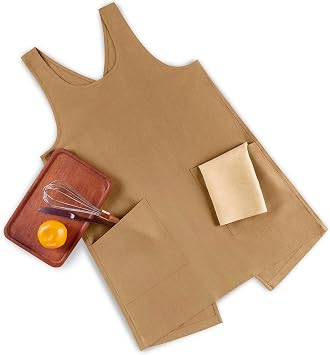 Solino Home European Flax Linen Apron - Handcrafted Cross Back Pinafore with Pockets for Women - 100% Pure Linen Smock for Gardening, Kitchen, Pottery & Baking - Tobacco Brown