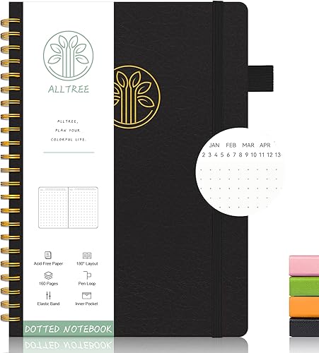 ALLTREE Cuaderno de cuadrícula de puntos en espiral, cuaderno de papel punteado, cuaderno en espiral de tapa dura, cuaderno encuadernado en espiral