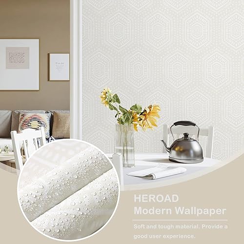 Miniatura 6 de Heroad Papel tapiz para despegar y pegar, bohemio, beige, neutro, geométrico, extraíble, para dormitorio, moderno papel de contacto con lunares,
