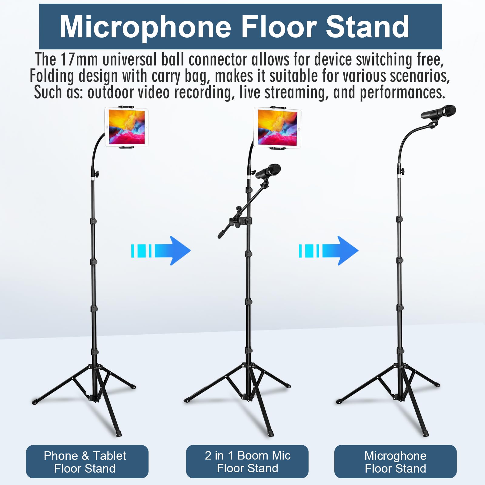 208,3 cm hoher Mikrofon- und iPad-Bodenstativ, faltbar, robuster Galgen-Mikrofonständer mit Handy-/Tablet-Halterung, Dual-Gerätehalterung für Singen, Performance, Karaoke, Sprache, Bühne und