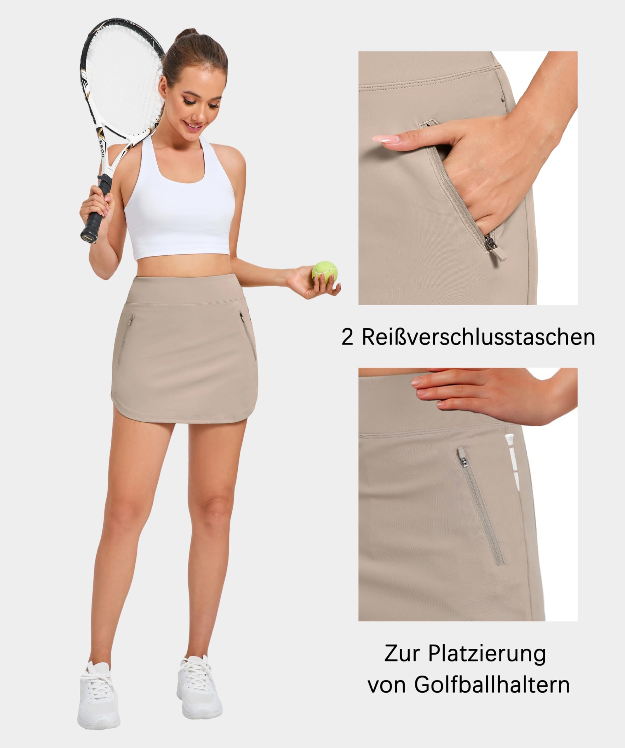 Timuspo Hosenrock Damen Skort Golfrcok mit Reißverschlusstaschen Kurz Wanderrock High Waist Rock Tennisrock Atmungsaktiv Sportrock Abgerundeter Saum