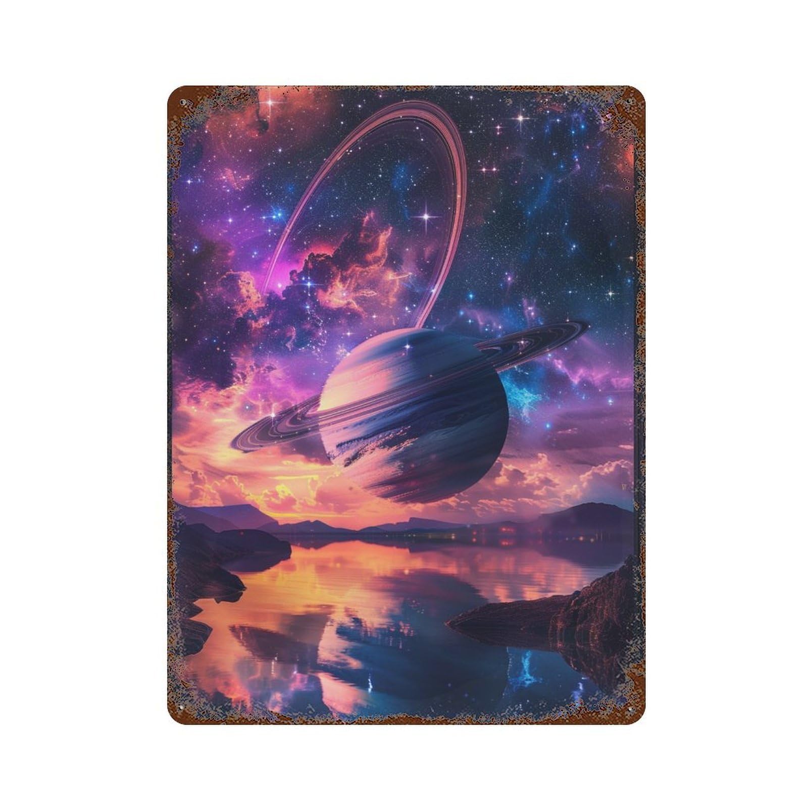 Galactic Reflections Saturn's Majesty Over Water -1 Decorative Tin Sign 15.7"x11.8", for Farmhouse, Kitchen And Entryway Decor, Vintage Wall Decor