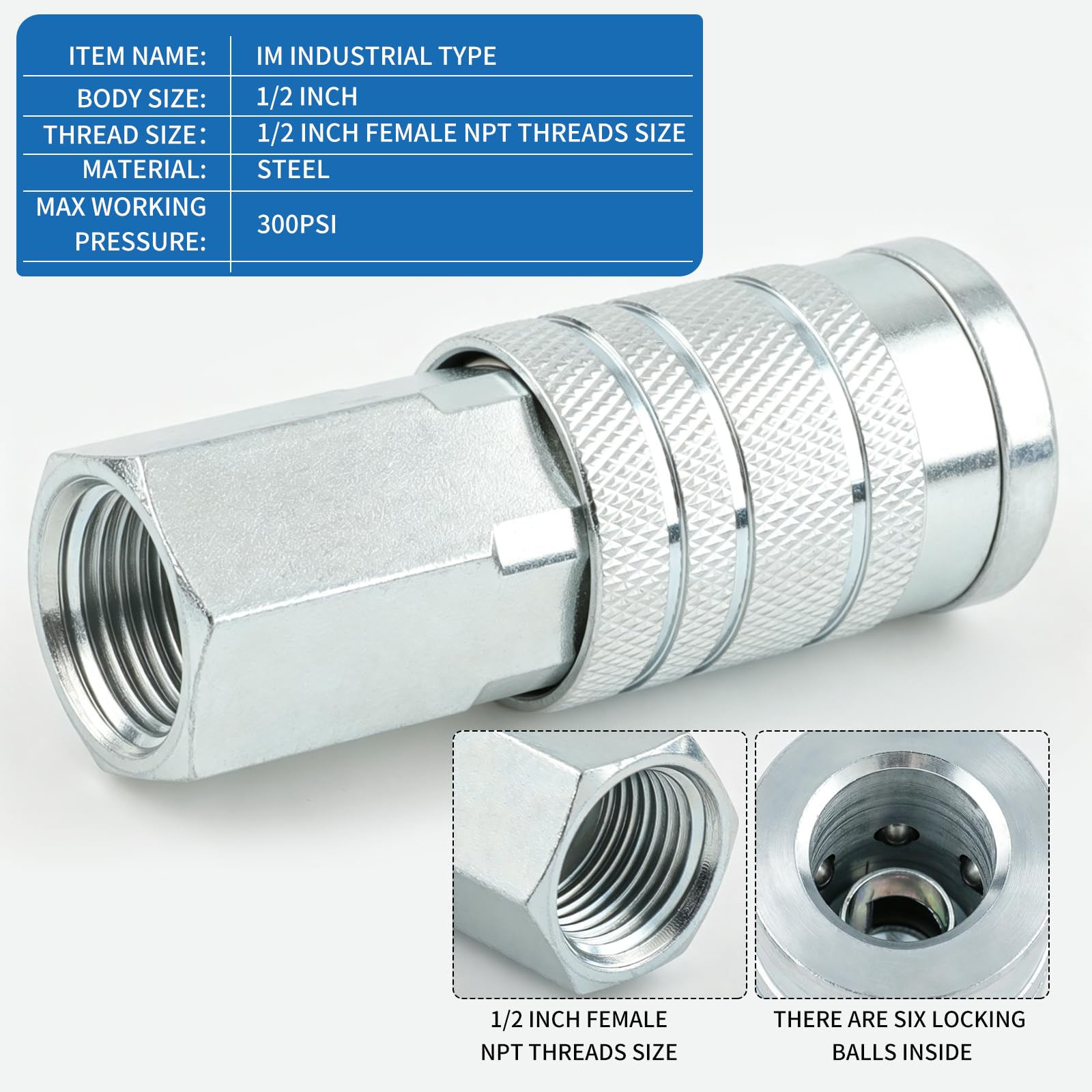 Confezione da 5 accoppiatori d'aria industriali I/M da 1/2 pollice con FNPT da 1/2 pollici, ad alto flusso in acciaio per compressore d'aria ad alto flusso, raccordi femmina NPT pneumatici per garage