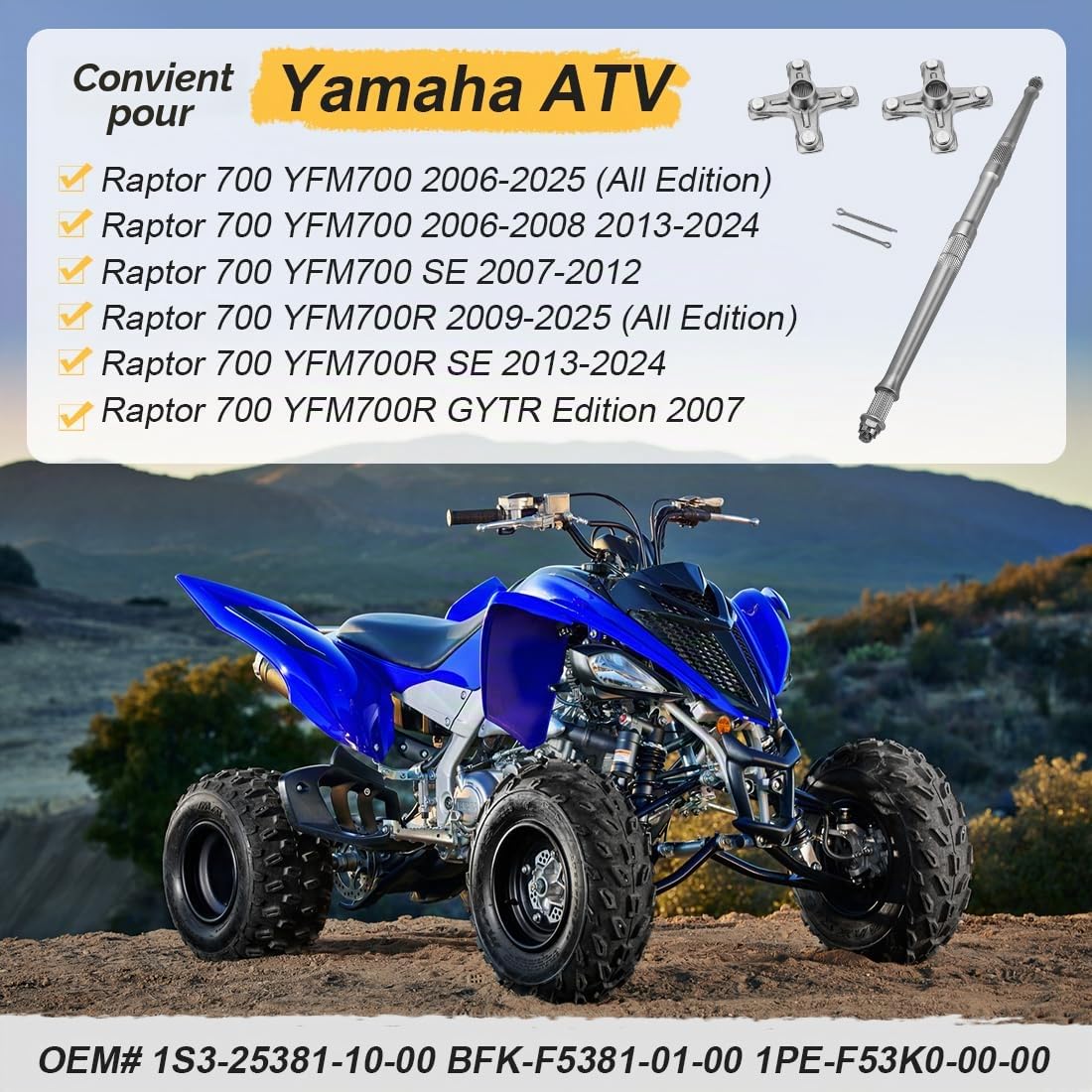 Essieu arrière avec moyeu de roue 2 pièces compatible avec Yama-ha Raptor 700 2006-2025 1S3-25381-10-00 BFK-F5381-01-00 1PE-F53K0-00-00