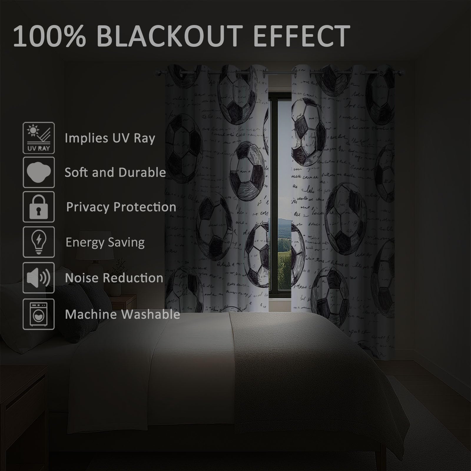 Cortinas Salon Opacas Patrón Fútbol Dibujado A Mano, Cortinas de Ojales Dormitorio para Niños 2 Piezas Suave En Blanco Y Negro Termicas Curtain para Habitación Decor Ventana, 2x140x245 cm