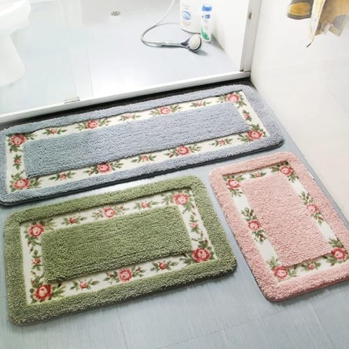 Miniatura 10 de vctops Elegante tapete de baño con diseño de rosas y flores, tapete de bienvenida para cocina, suave, antideslizante, absorbente, ovalado, verde, 18