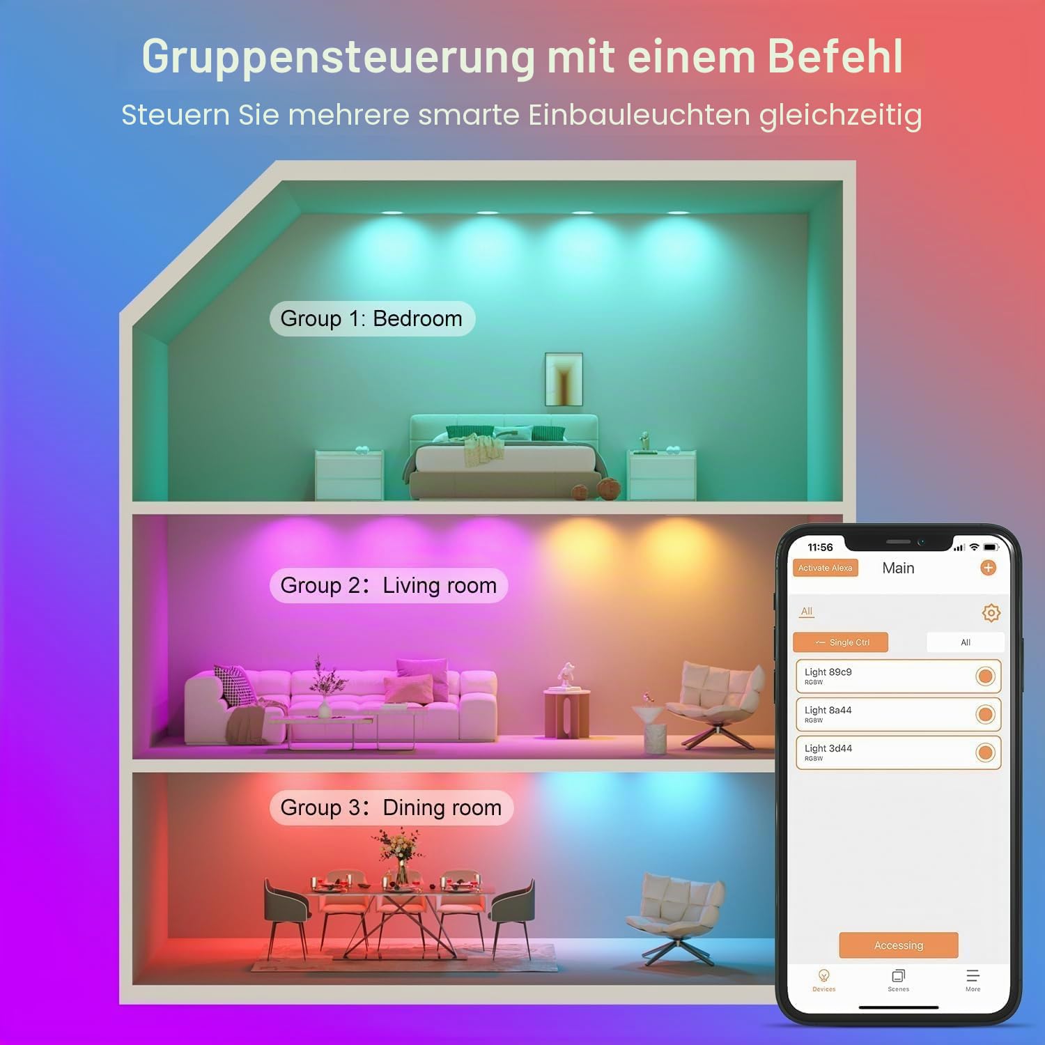 Smart LED Einbaustrahler Flach 8W LED Spots 230V, IP44 Bad Einbauleuchten 68mm Kompatibel mit Alexa, Warmweiß & RGB Bluetooth Deckenspots Farbwechsel für Wohnzimmer Schlafzimmer Küche, 6er Set