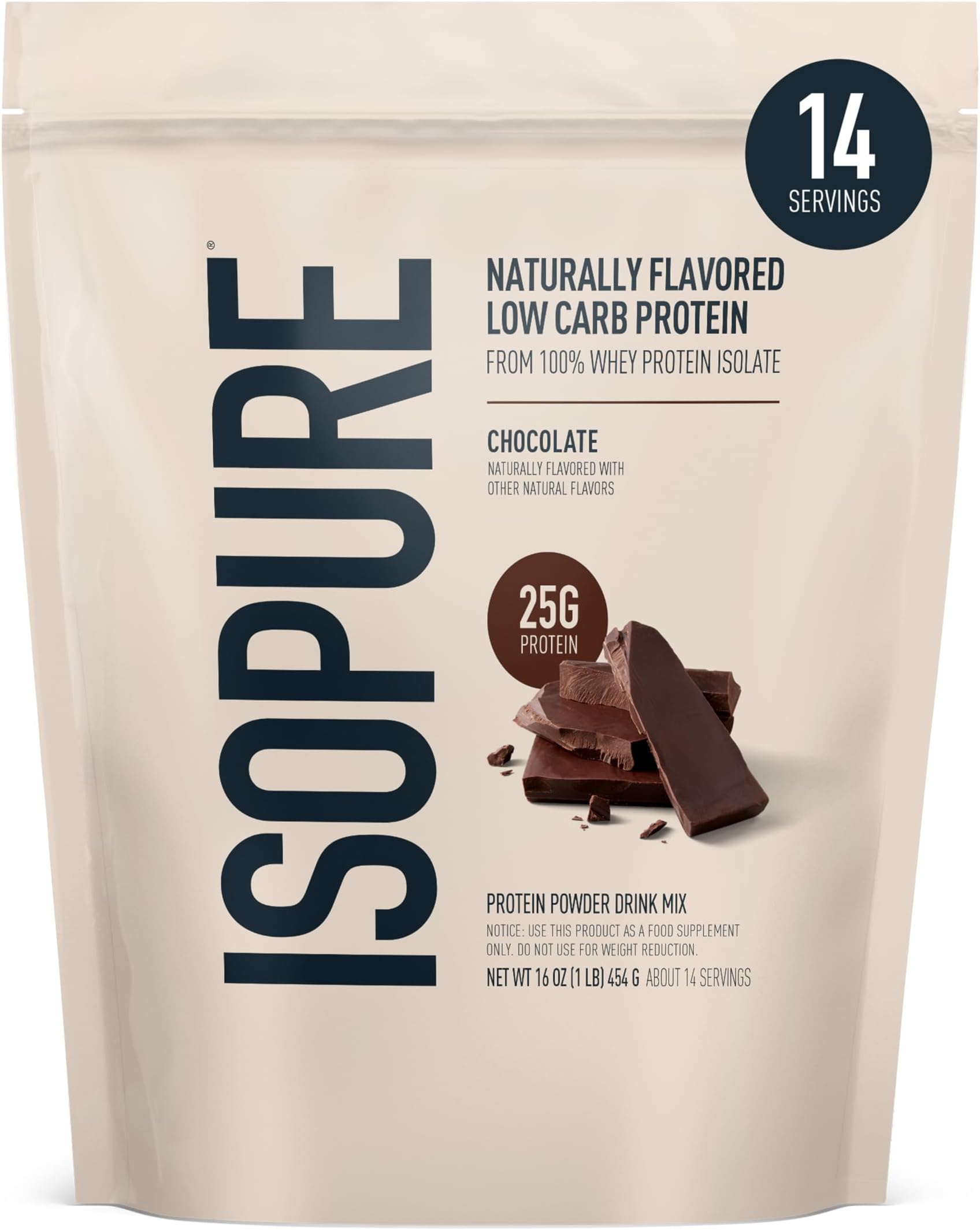 Low Carb 100% Pure Whey Isolate Protein Powder, Lactose Free, Gluten Free, With Vitamins, Dark Chocolate, 25g Protein Per Serving, 1 Lb, 14 Servings (Packaging May Vary)