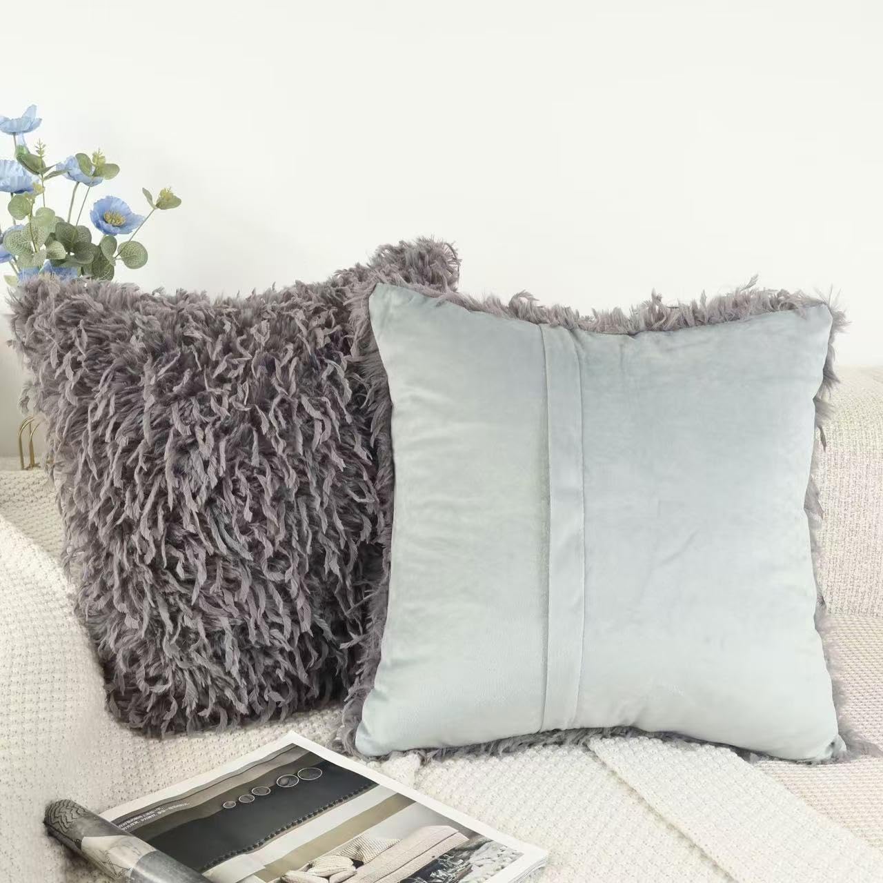OYIMUA Faux Feather Throw Pillow Covers 20x20 Grey Brown Set of 2 Fluffy Decorative Luxury Modern Pillow Covers for Couch Bed Living Room