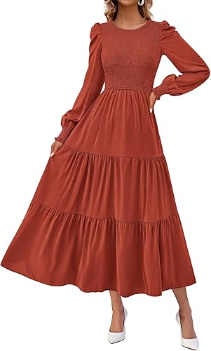 KIRUNDO Fall Dresses for Women 2025 Long Sleeve Maxi Wedding Guest Smocked Crew Neck Empire Waist A Line Flowy Long Dress