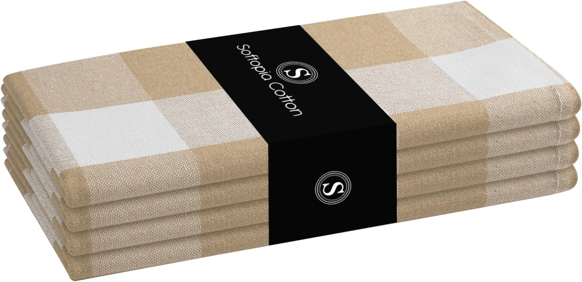 Buffalo Plaid Cloth Napkins, Set of 4, Soft, Durable, Wrinkle Free Fabric Napkins, Checked Napkins for Dinner, Wedding, Restaurant, Buffet, Party, Christmas - Beige, White (16"x16")