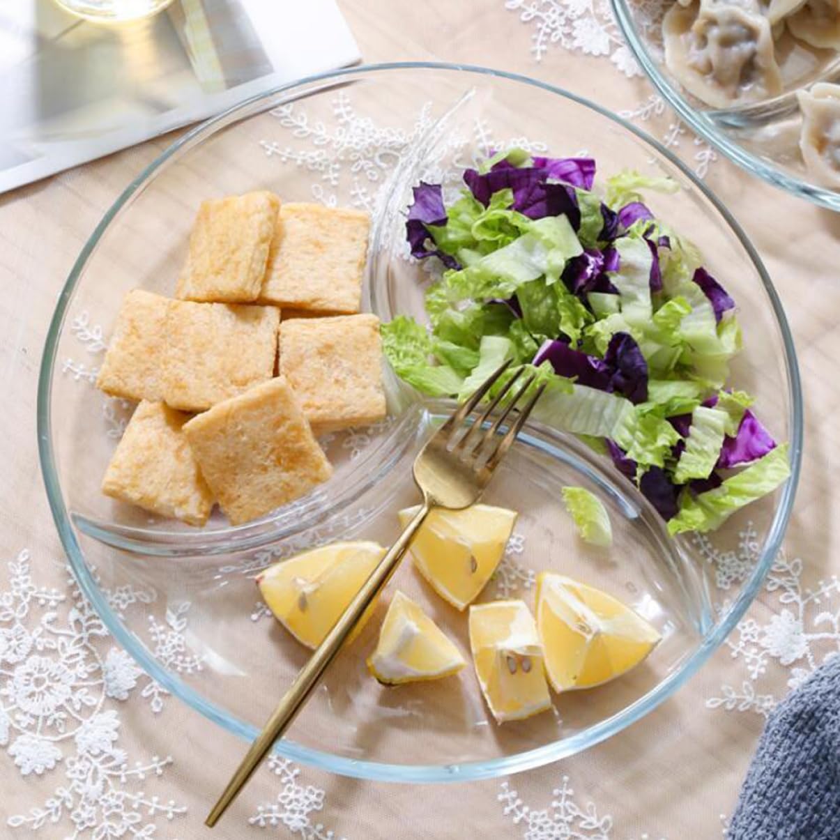 Cabilock Assiette Séparation des Aliments à 3 Compartiments Divisée en Verre Trempé Usage Facile pour Fruits et Salade Barbecue et Jardin