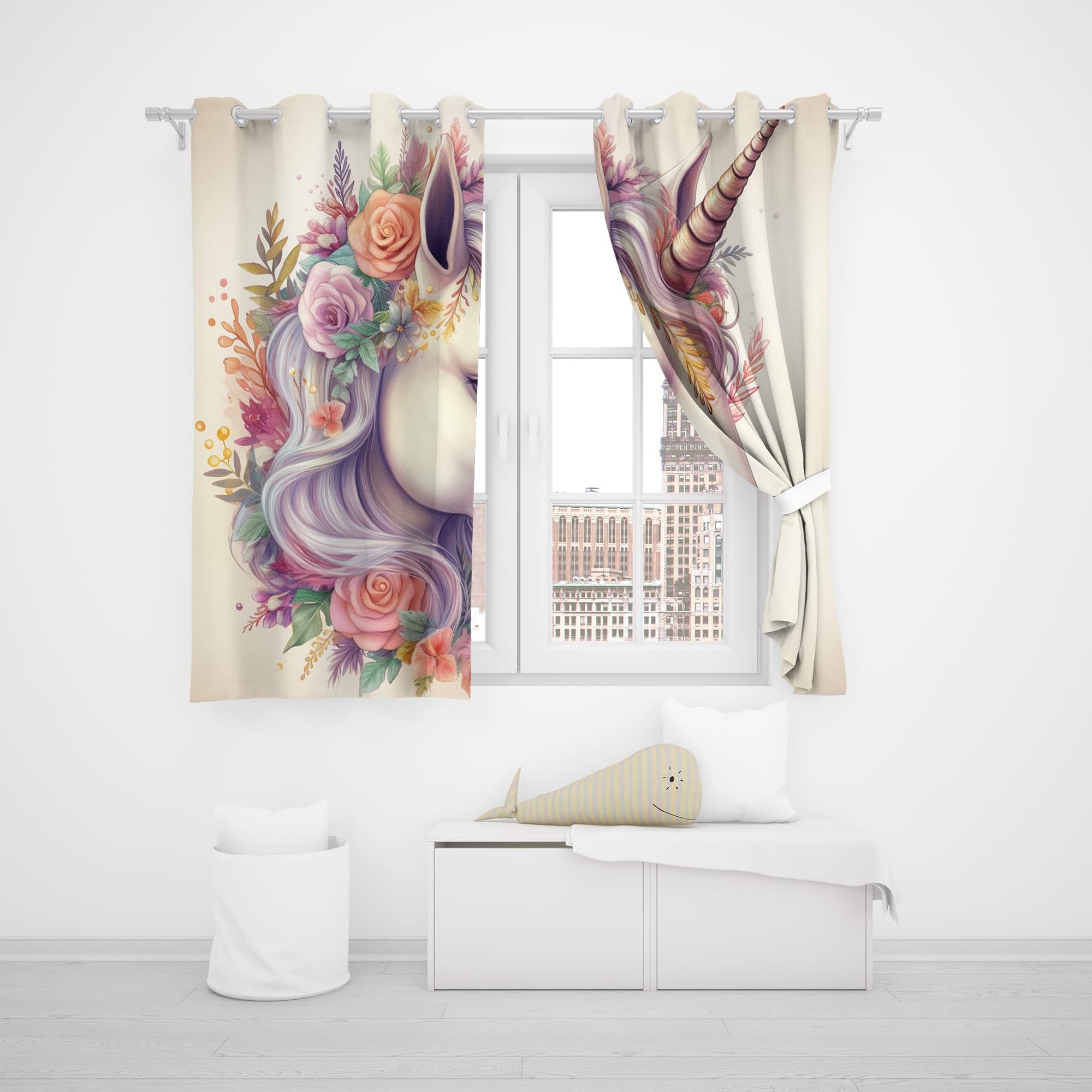Lot de 2 Rideau Occultant Thermique 140L X 225H cm Fantaisie Art Licorne Rideaux Isolation Lumiere Anti UV Draperies d’intimité à Oeillets Beige pour Chambre Salon Décoration Fenêtre