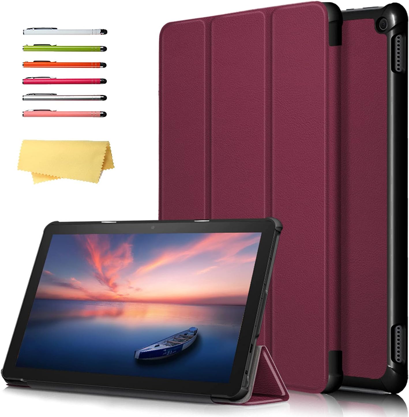 10.1" Case for All-New Kindle Fire HD 10 (11th Gen) & Fire HD 10 Plus Tablet (Only Compatible with 11th Generation 2021 Release) Folio Stand PU Leather Cover with Auto Sleep/Wake, Wine Red