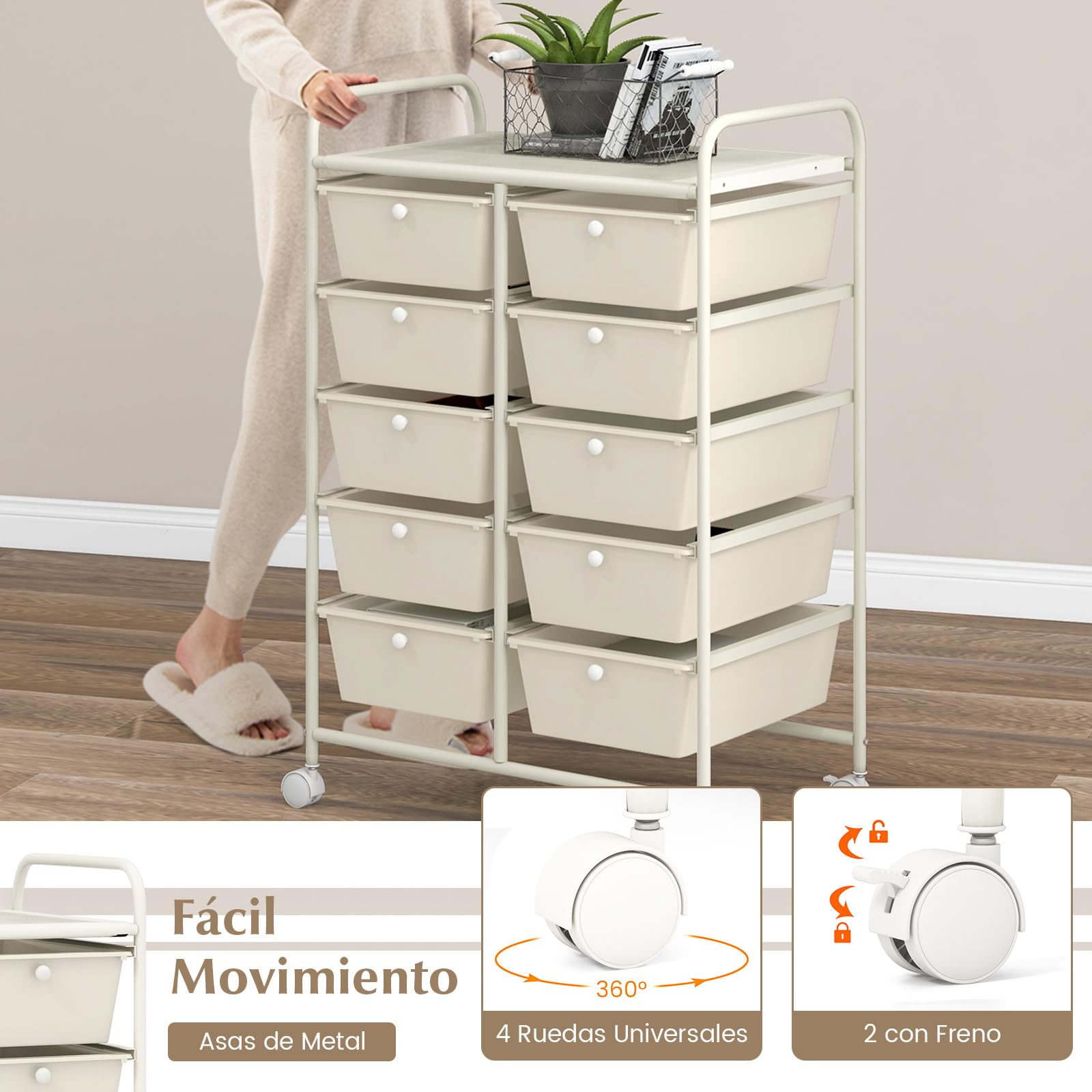 COSTWAY Carrito Auxiliar con Ruedas, Carro Almacenaje con 10 Cajones Grandes y Apilables, Carrito Organizador con Ruedas Bloqueables de Marco de Metal para Cocina Oficina (Blanco)