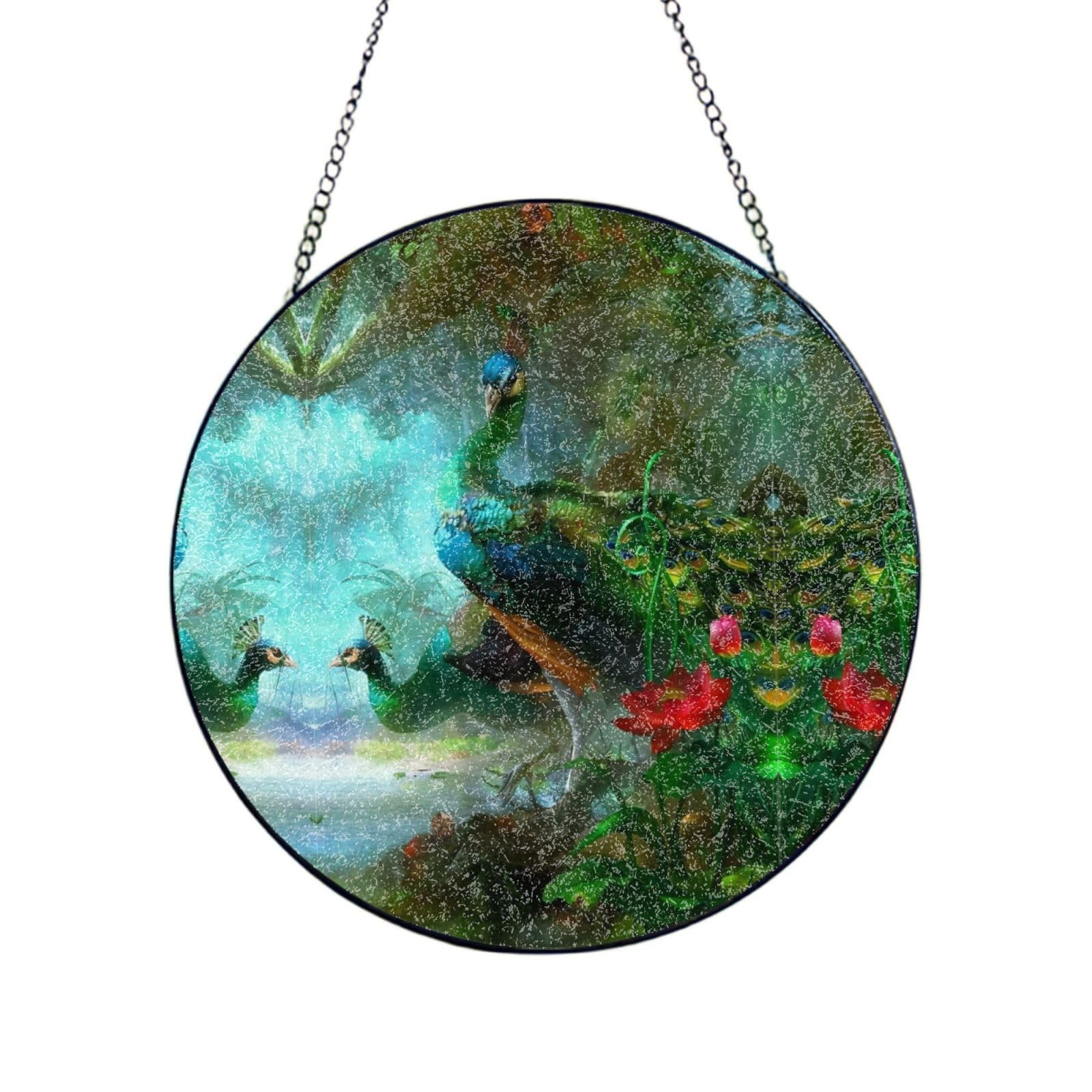 Phayah Colorful Peacock Print Glass Window Hanging Sun Catchers Suncatcher Decor For Birthday For Home Garden Porch 10in（25cm）