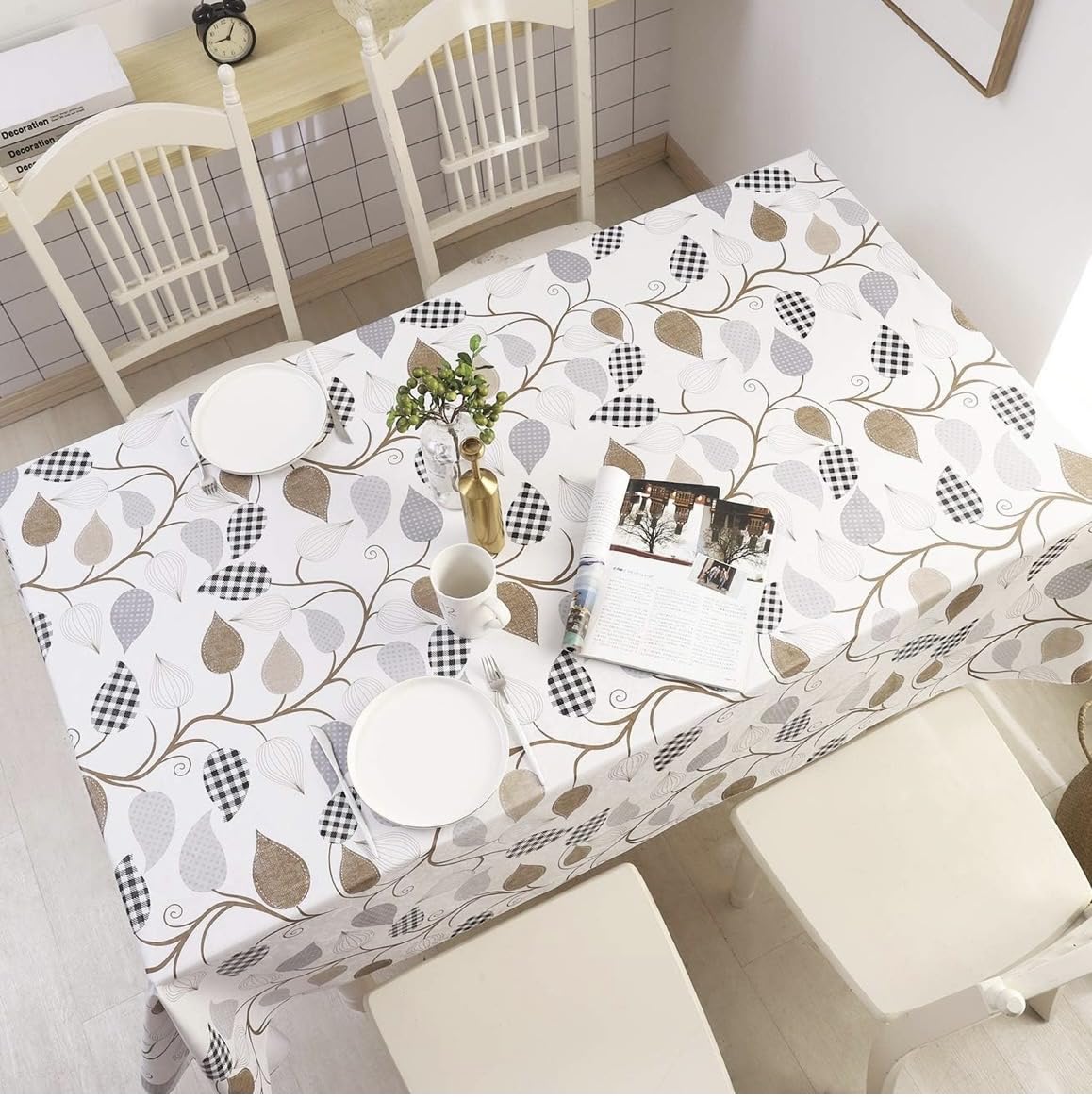 Premium Cotton Printed Table Cover for Dining Table | Floral/Block Print | Washable Rectangular Table Cloth (4, 6 Seater) (Beige with Leaf)-image-10
