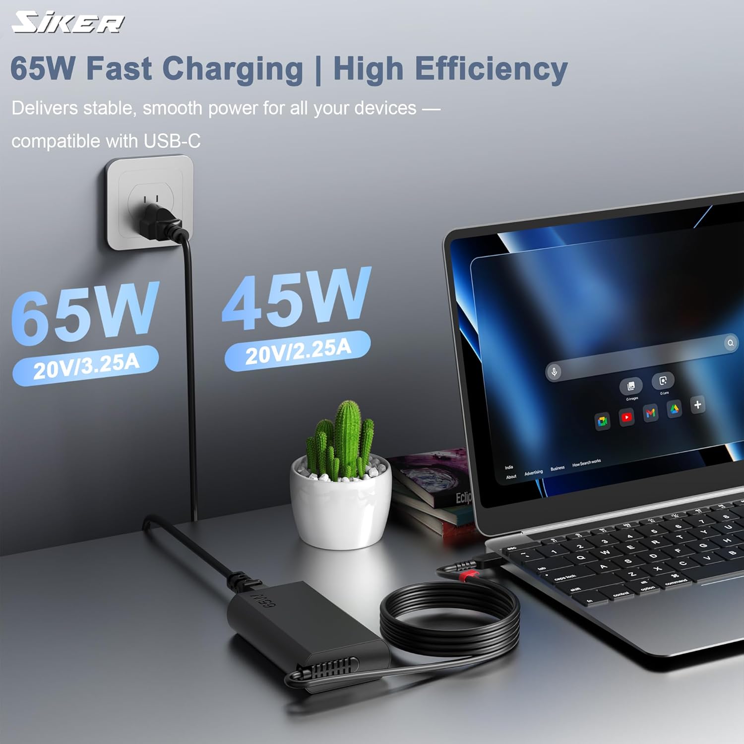 SiKER 65W USB C Laptop Charger, Replacement for Lenovo ThinkPad T14 T14s T15 T16 X1 Carbon Gen 6-12, Yoga, Chromebook, Type C Fast Charging Power Adapter AC Cord