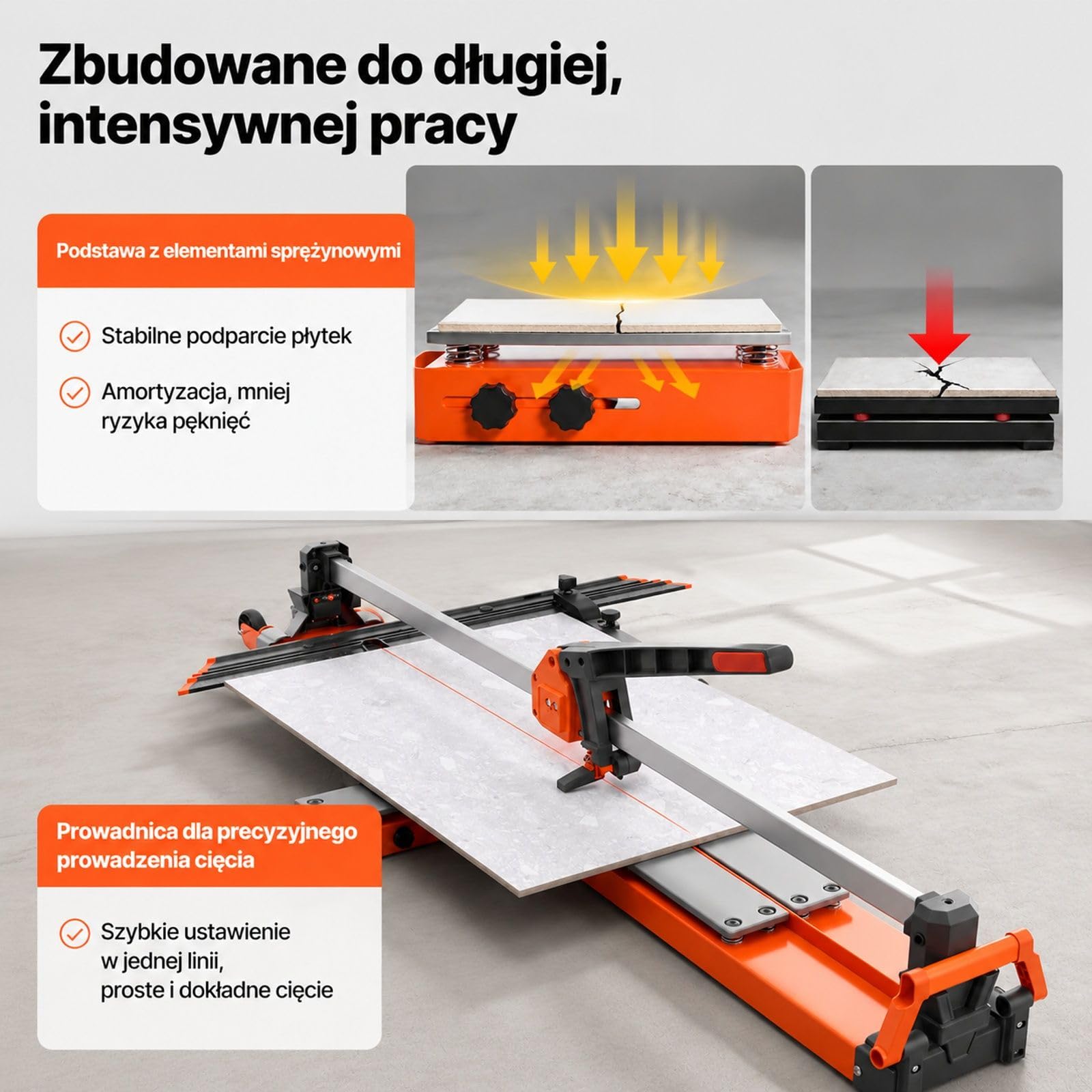 Przecinarka do płytek ze sprężynową podstawą, regulowanym ogranicznikiem kąta, kołem z węglika wolframu, stalowym korpusem, pomarańczowa