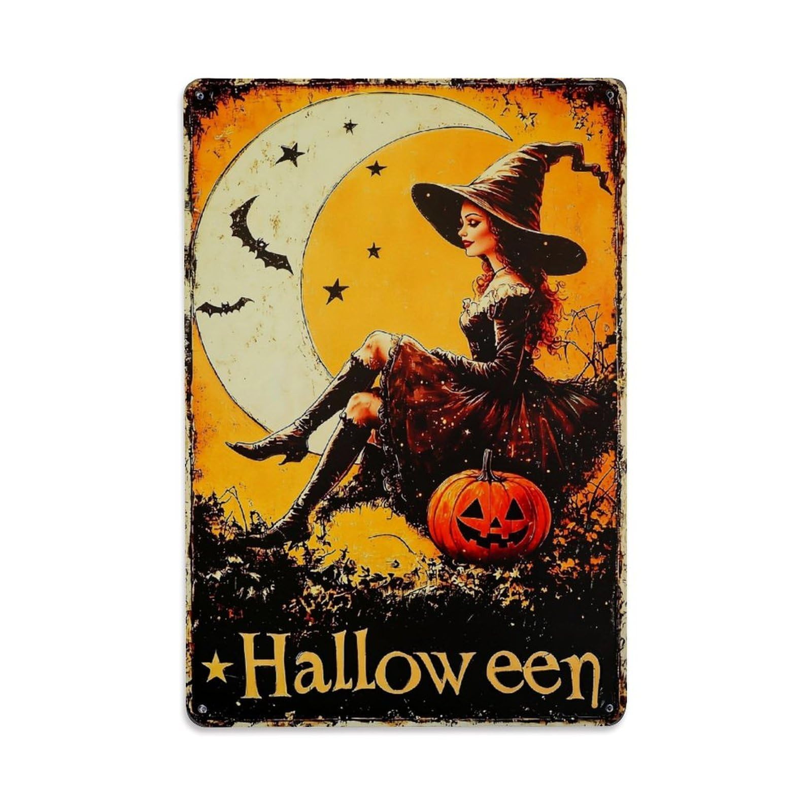Witch Sitting By Pumpkin Moon Retro Metal Tin Sign, Vintage Metal Poster for Bar, Home, Man Cave, Kitchen, Laundry Room Art Decor 8x12 Inch