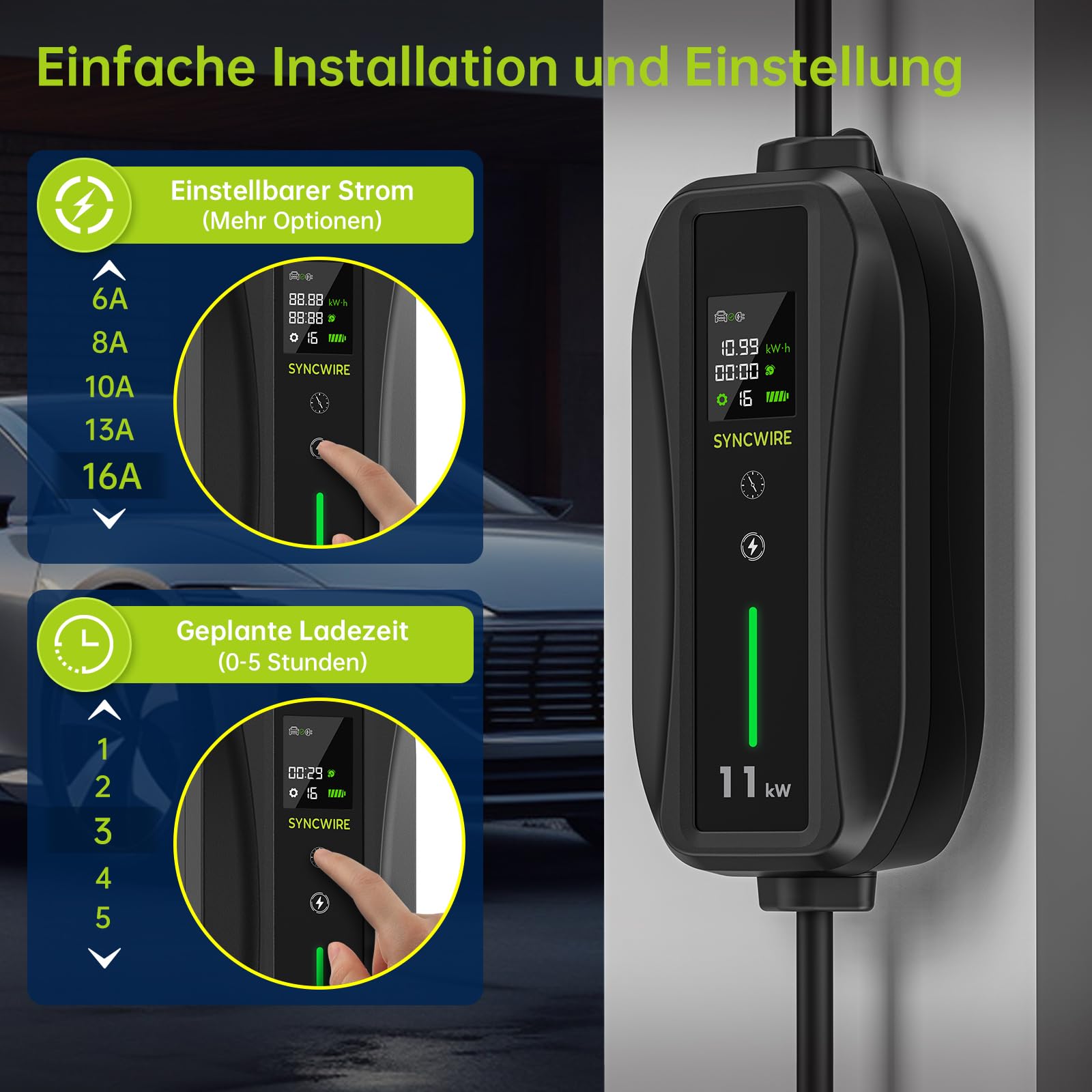 WODHMIEY Type 2 EV oplader, 11 kW, 16 A, driefasig, 5 m oplaadkabel, draagbare mobiele wandbox met app-besturing voor toegang op afstand en voorkeuze van de laadtijd, met CEE-stekker, led-display en