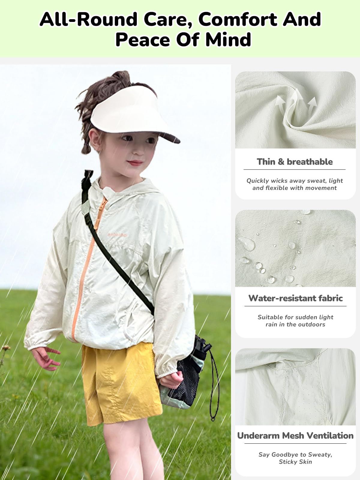 Miipat Chaqueta con Capucha de Verano para Niña, Ligera Chaqueta Protección Solar UPF 50+ Impermeable Secado Rápido Camiseta de Sol Tops y Cremallera para Niños