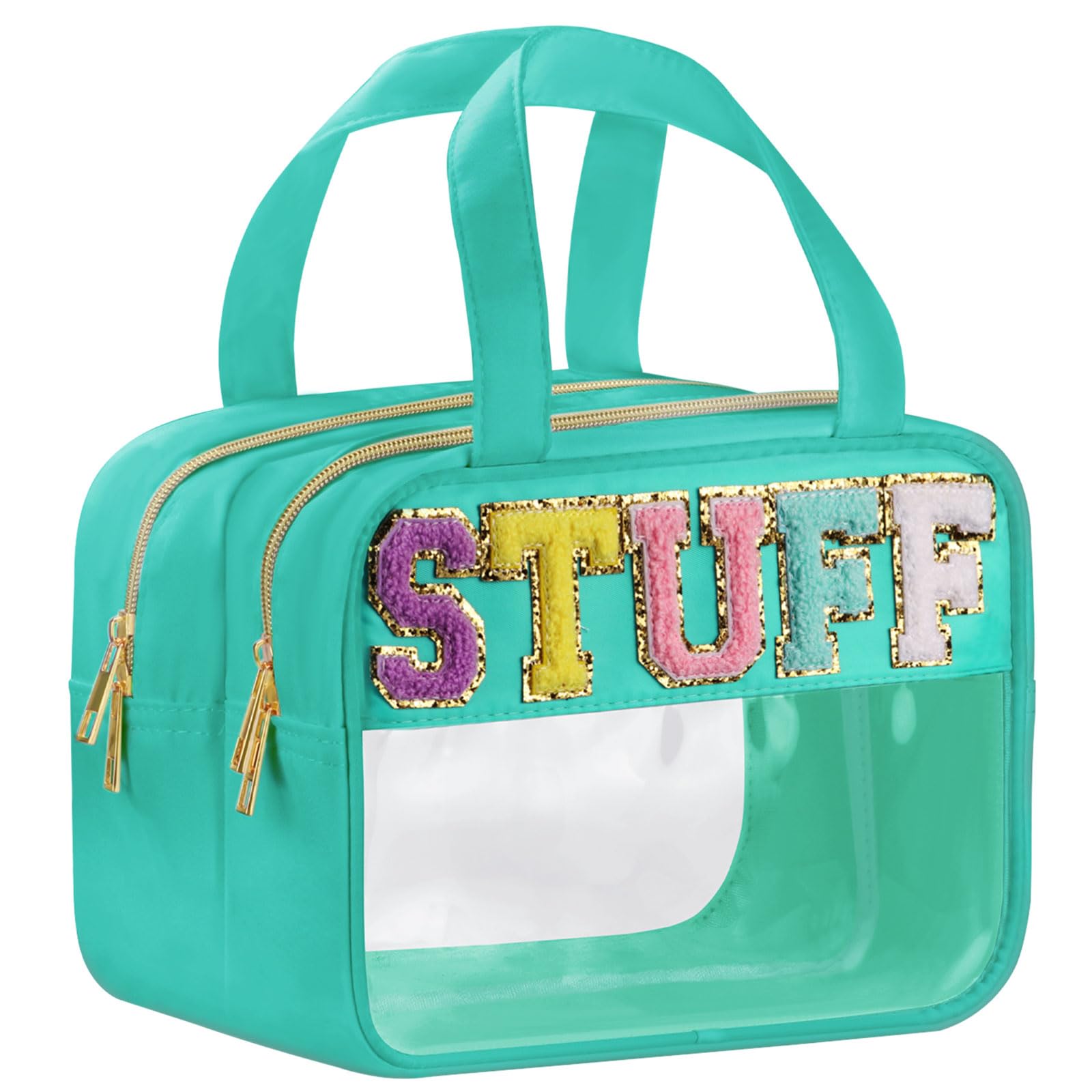 BuyCard Chenille Letter Clear Makeup Bags, Stuff Bag for Travel, Preppy Patch Nylon Cosmetic Bag with Handles and Zipper, Waterproof Large Clear