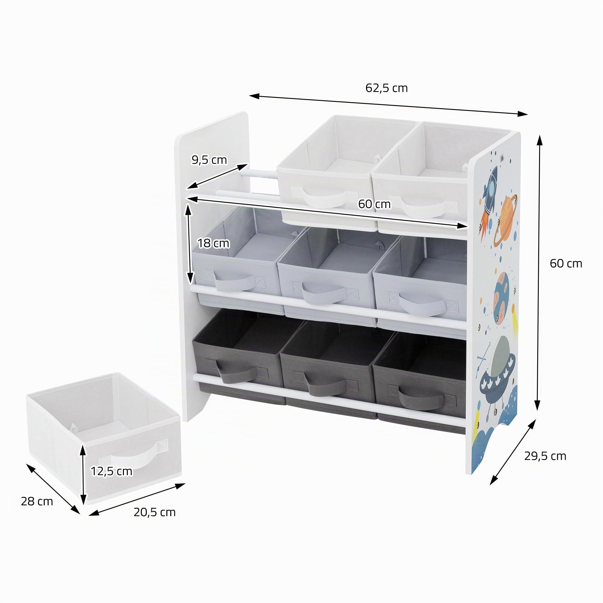 Joyz Libreria per Bambini 62,5 x 29,5 x 60 cm Scaffale con 3 Ripiani Organizzatore per Giocatoli con 9 Scatole in Tessuto Mobiletto per la Stanzina dei Bambini Design con Tematica Spaziale